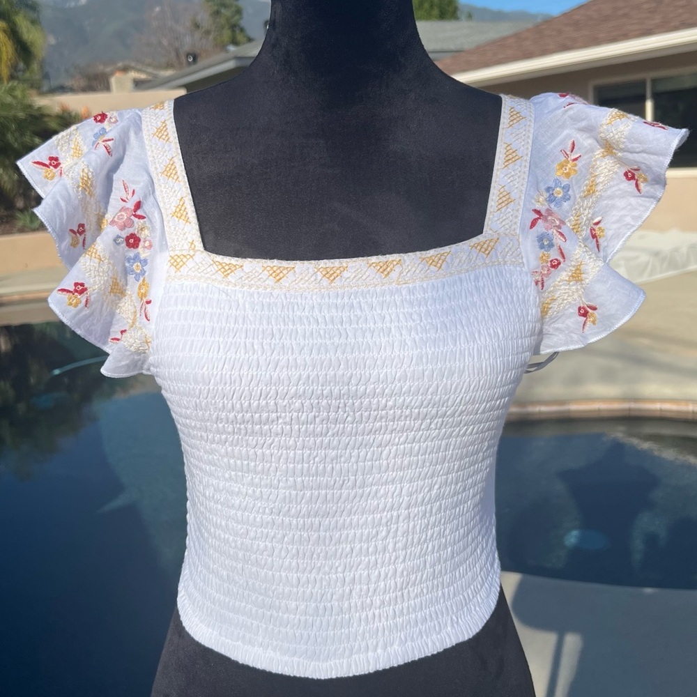 Japna White Top with Embroidery Floral Accents